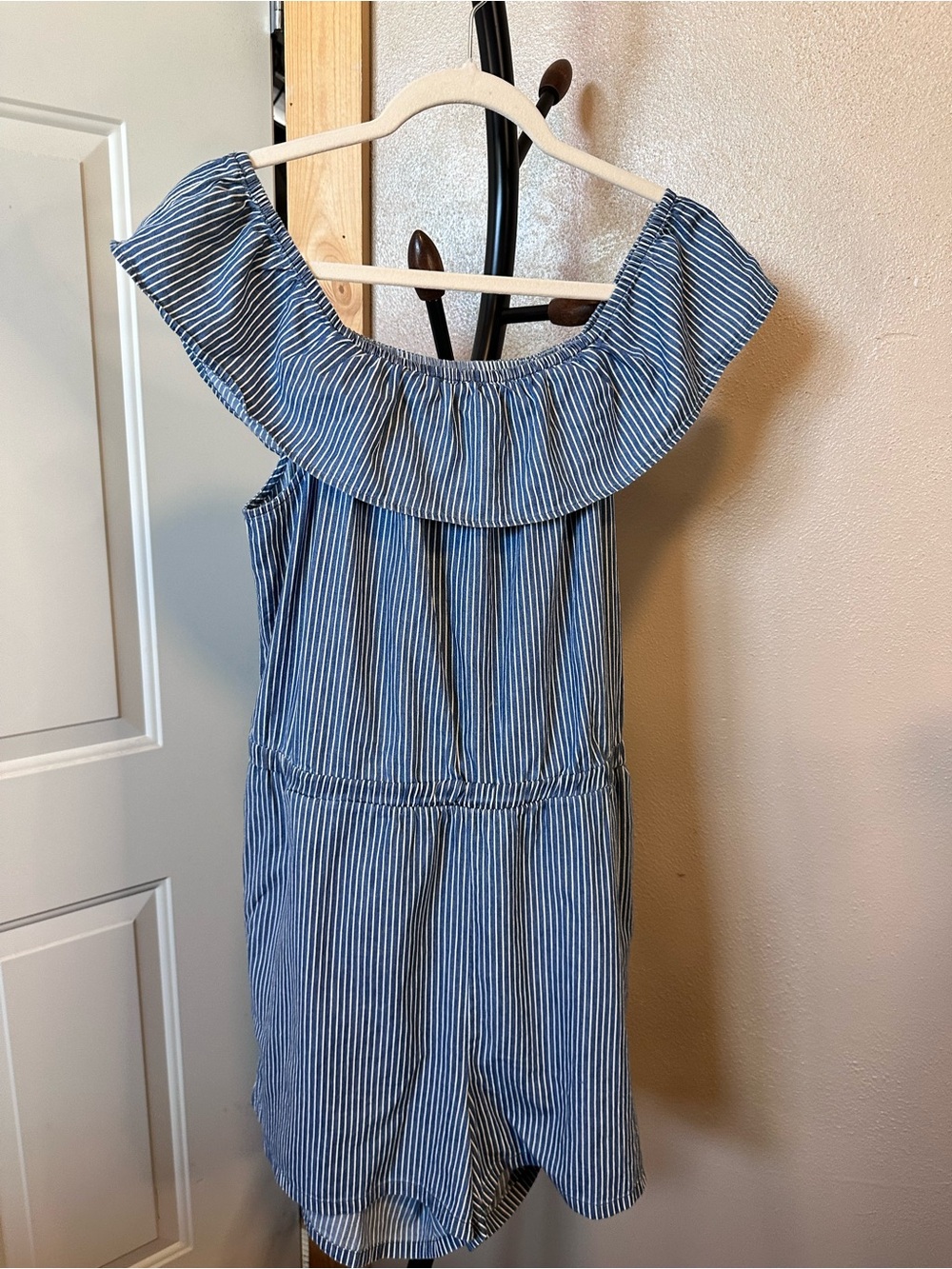 mark. Blue Striped Ruffle-Neck Romper - Picture 4 of 7